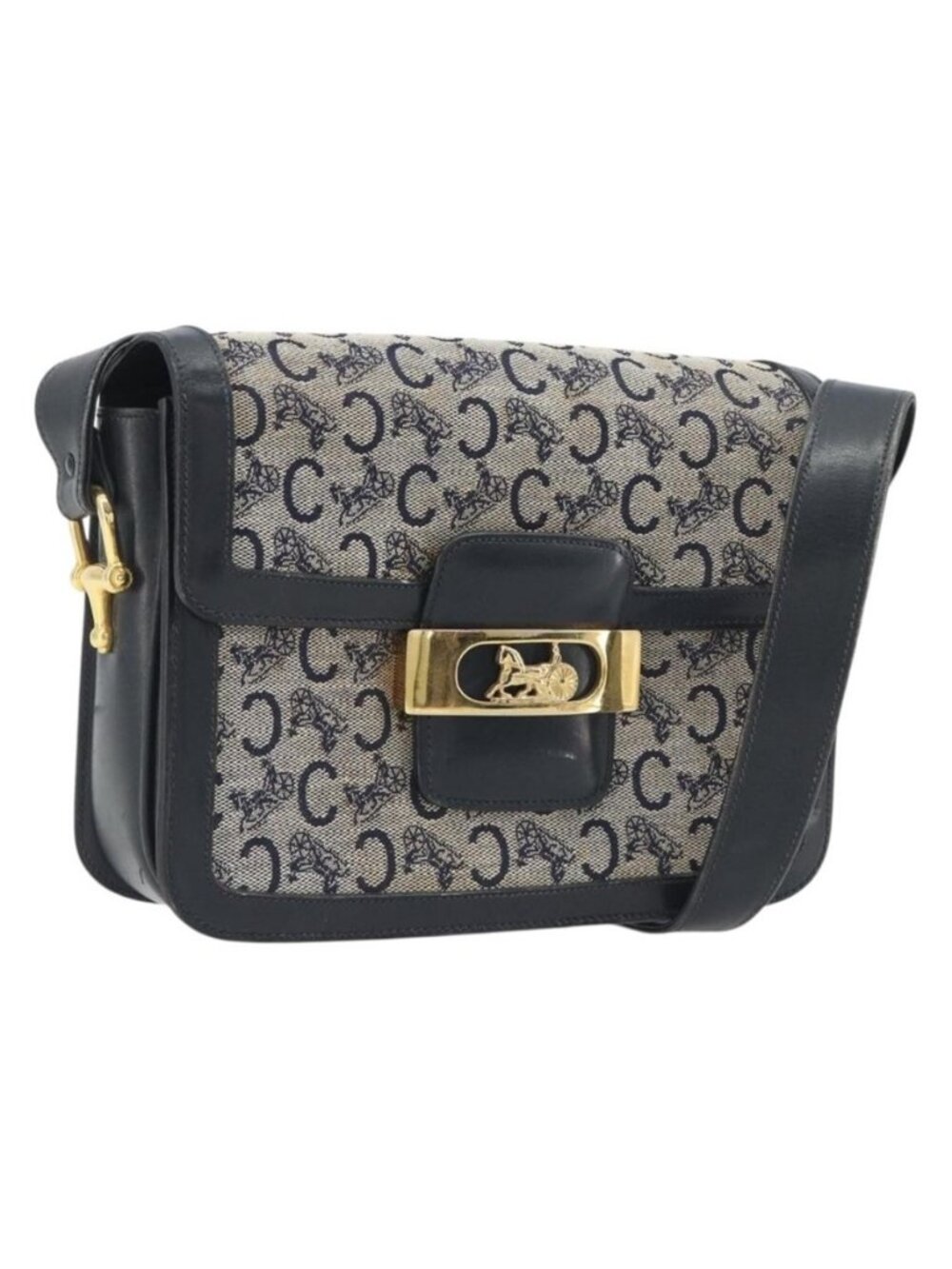 Authentic CELINE C Sulky Shoulder Bag Canvas Navy Gold Tone
